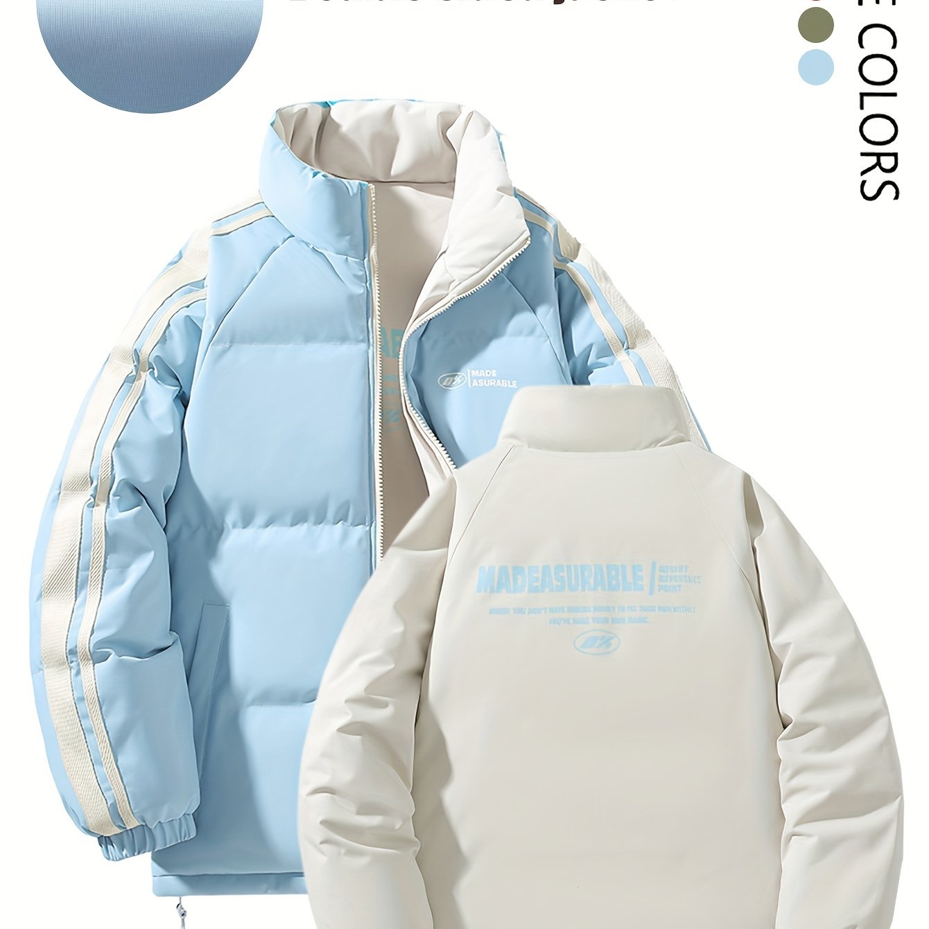 Տղամարդու երկկողմանի ձմեռային բաճկոն՝ հաստացված, կանգուն օձիքով, կայծակաճարմանդով և «MADEASURABLE» և «I CONUT» գրությամբ, սև և սպիտակ, սովորական չափսի՝ աշնանային և ձմռան համար, աշնանային վերնազգեստ, համարձակ գրություն, դիմացկուն գործվածք