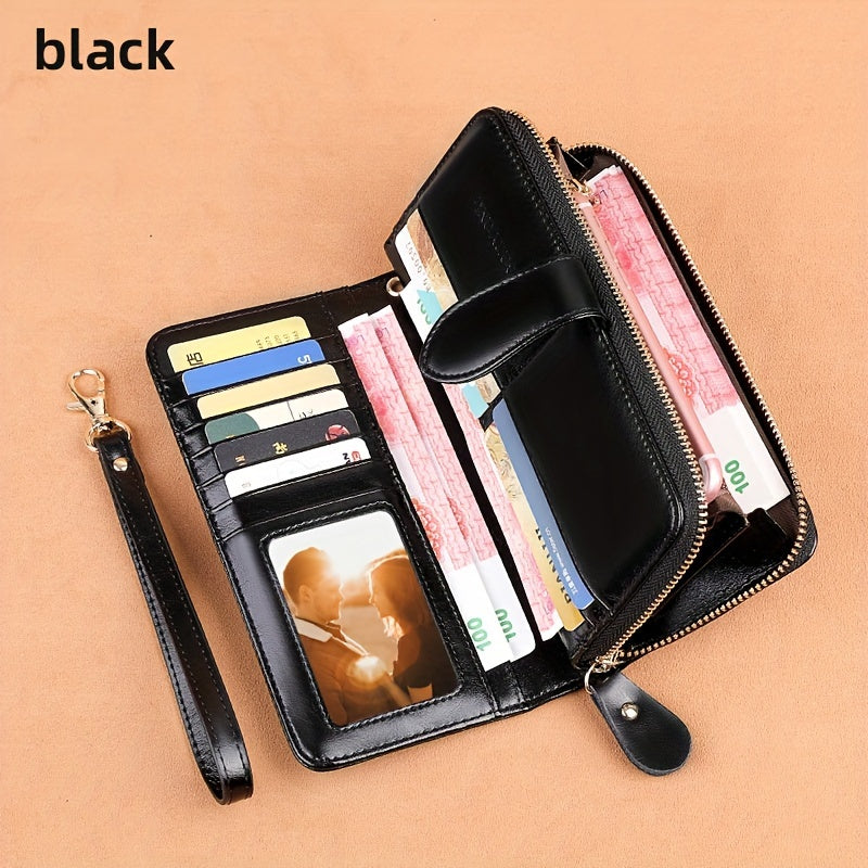 Two-Layer Cowhide Leather Clutch Wallet for Men & Women, Casual Large Capacity RFID Blocking Zippered Hand Purse with Transparent ID Slot and Anti-Theft Brush, Versatile for Going Out