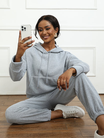 Cozy Fleece-Lined Hoodie & Joggers Set for Women - Casual Solid Color, Long Sleeve with Drawstring Waist, Machine Washable - Perfect for Fall/Winter