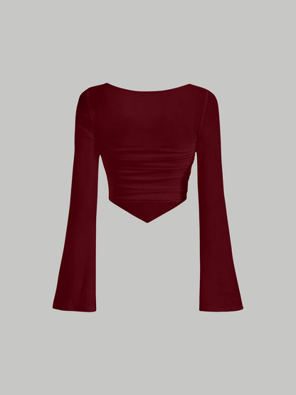 Women'S Elegant Square Neck Solid Color T-Shirt, Polyester Knit Fabric, Short Length, Stretchy Slim Fit, Spring/Fall Fashion Top