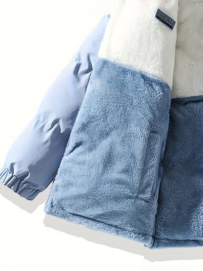 Տղամարդու երկկողմանի բրդյա ծածկույթով հաստ բաճկոն՝ առօրյա կանգնած օձիքով՝ տառերի տպագրությամբ, սովորական չափսերով, գրպաններով, պոլիեսթերային լցոնով, բազմակողմանի աշուն/ձմեռ համար, ձմեռային բաճկոն