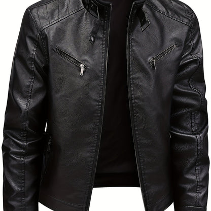 Men's Stylish Burgundy Jacket - Fall/Winter Trendy Stand Collar Biker Jacket with Multiple Zippered Pockets, Casual Design for Casual Attire, Fall Jacket | Modern Casual Jacket | Glossy Finish Jacket - ayq