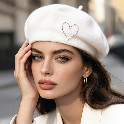 Women's Wool Beret Hat with Rhinestone Heart - Lightweight Warm