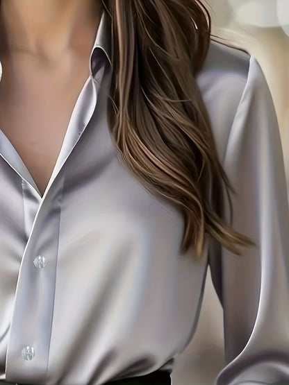 Women's Elegant All-Season Glossy  Shirt Jacket - Collar -Front Closure, Solid Brown (Copper/Black) - Tailored Blazer for, Office & Formal Events - Machine Washable Non-Stretch Professional Outerwear