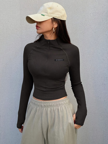 Slim-Fit Long Sleeve Half-Zip T-Shirt with High Neck