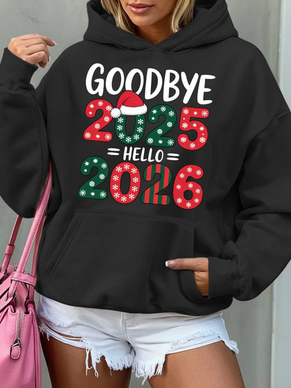 Women'S Hoodie - Goodbye 2025 Hello 2026 Sweatshirt with Christmas Countdown Design, Beige Pullover Hoodie, Front Pocket for Fall/Winter, Cozy Long Sleeve Sweater for New Year'S Eve & Everyday Winter Outfits - Perfect Gift fo