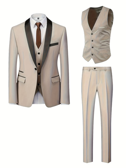 Men's 3-Piece Polyester Suit with Vest and Pants, Formal Workwear
