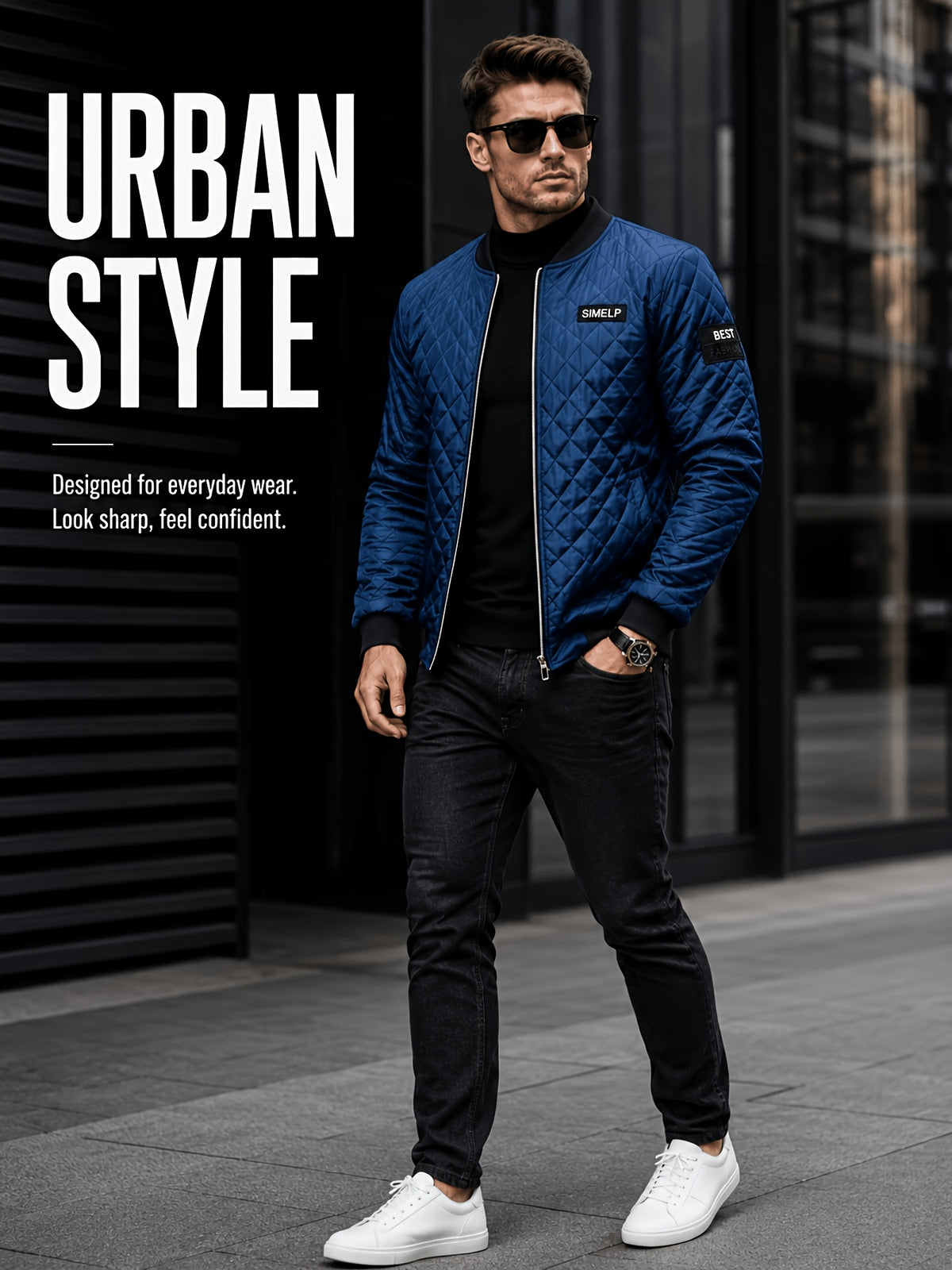 Men's Quilted Bomber Jacket with Ribbed Collar for Fall/Winter