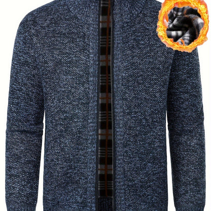 1pc Men'S Casual Style Knit Cardigan - 100% Polyester, Solid Color, Long Sleeve, Regular Fit, Stand Collar, Zip-Up, Umbrella Hem, Non-Stretch Fabric - Fashionable All-Match Pullover for Autumn/Winter
