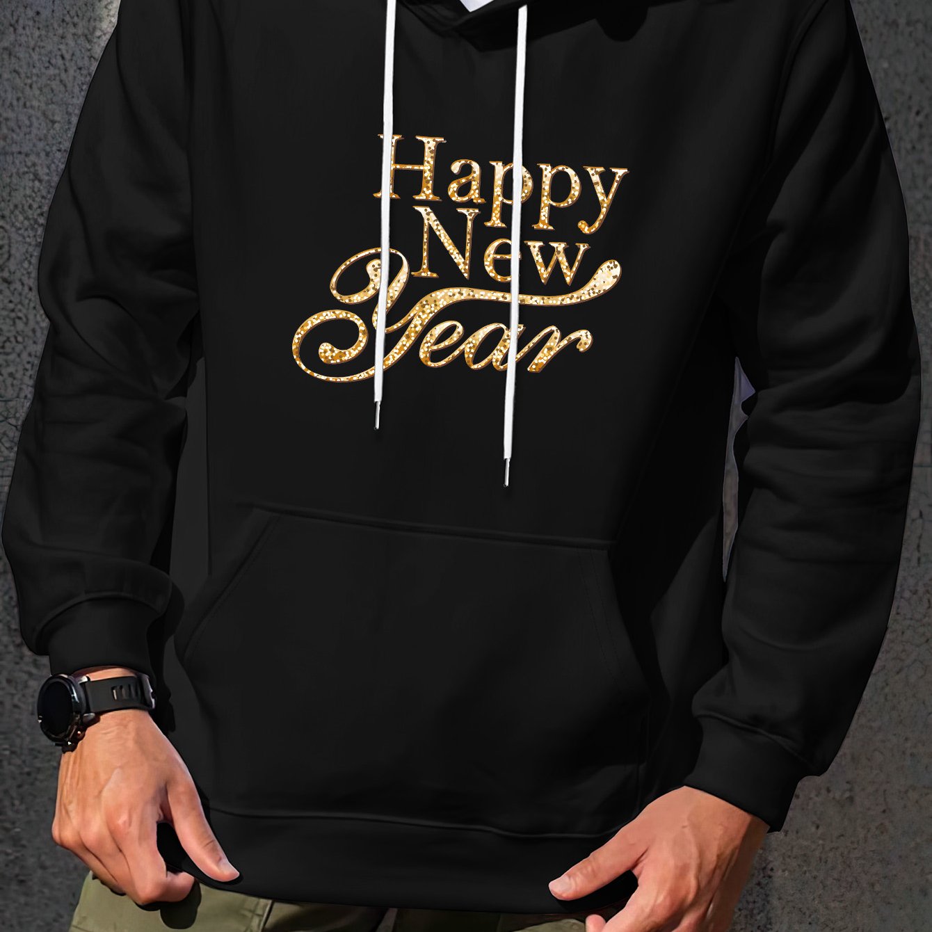 Men'S Golden Letter Print Hooded Sweatshirt - Happy New Year Lettering, Soft Knit Micro-Elastic Fabric, Loose Fit Casual Pullover Hoodie with Front Pocket, Streetwear Style, Unisex Apparel, Durable Material, Trendy Design, Ho
