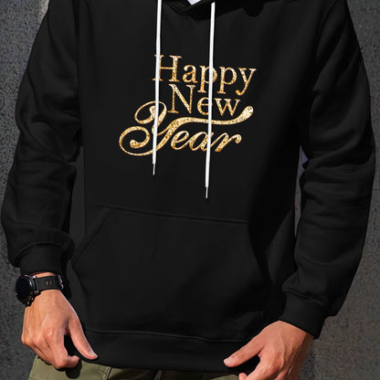 Men'S Golden Letter Print Hooded Sweatshirt - Happy New Year Lettering, Soft Knit Micro-Elastic Fabric, Loose Fit Casual Pullover Hoodie with Front Pocket, Streetwear Style, Unisex Apparel, Durable Material, Trendy Design, Ho