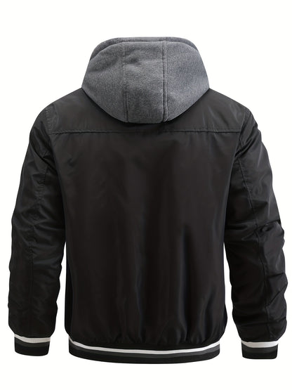 Men'S Winter Jacket with Detachable Hood - Warm Fleece-Lined Zip-Up Coat, & Orange Contrast Design, Polyester Lining, Regular Fit for Cold Weather, Casual Outerwear, Durable Zipper Closure