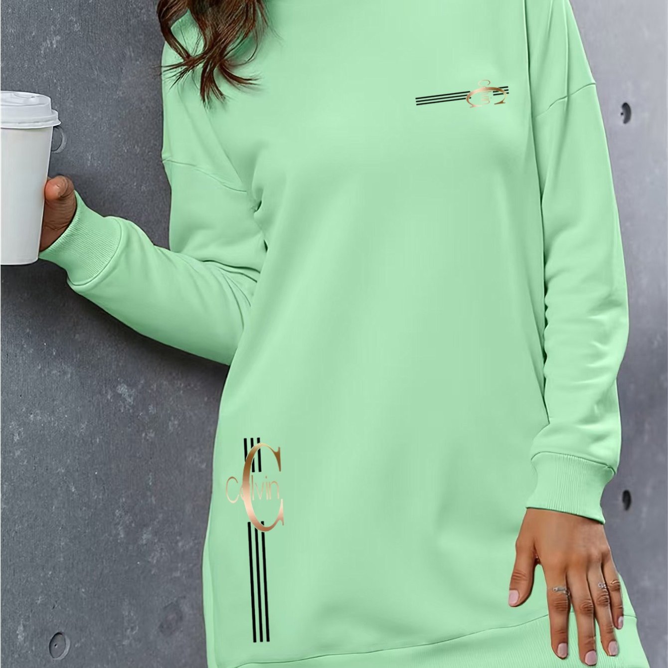 Կանացի էլեգանտ տառերով տպագիր գլխարկով սվիտեր - հաստ բրդյա աստառով երկար զգեստ՝ ոսկեգույն գրվածքով և ոսկեգույն գրվածքով, առջևի կայծակաճարմանդով փակվող, բոլոր եղանակների համար նախատեսված առօրյա էլեգանտ սվիտեր, գեղեցիկ վերնաշապիկ