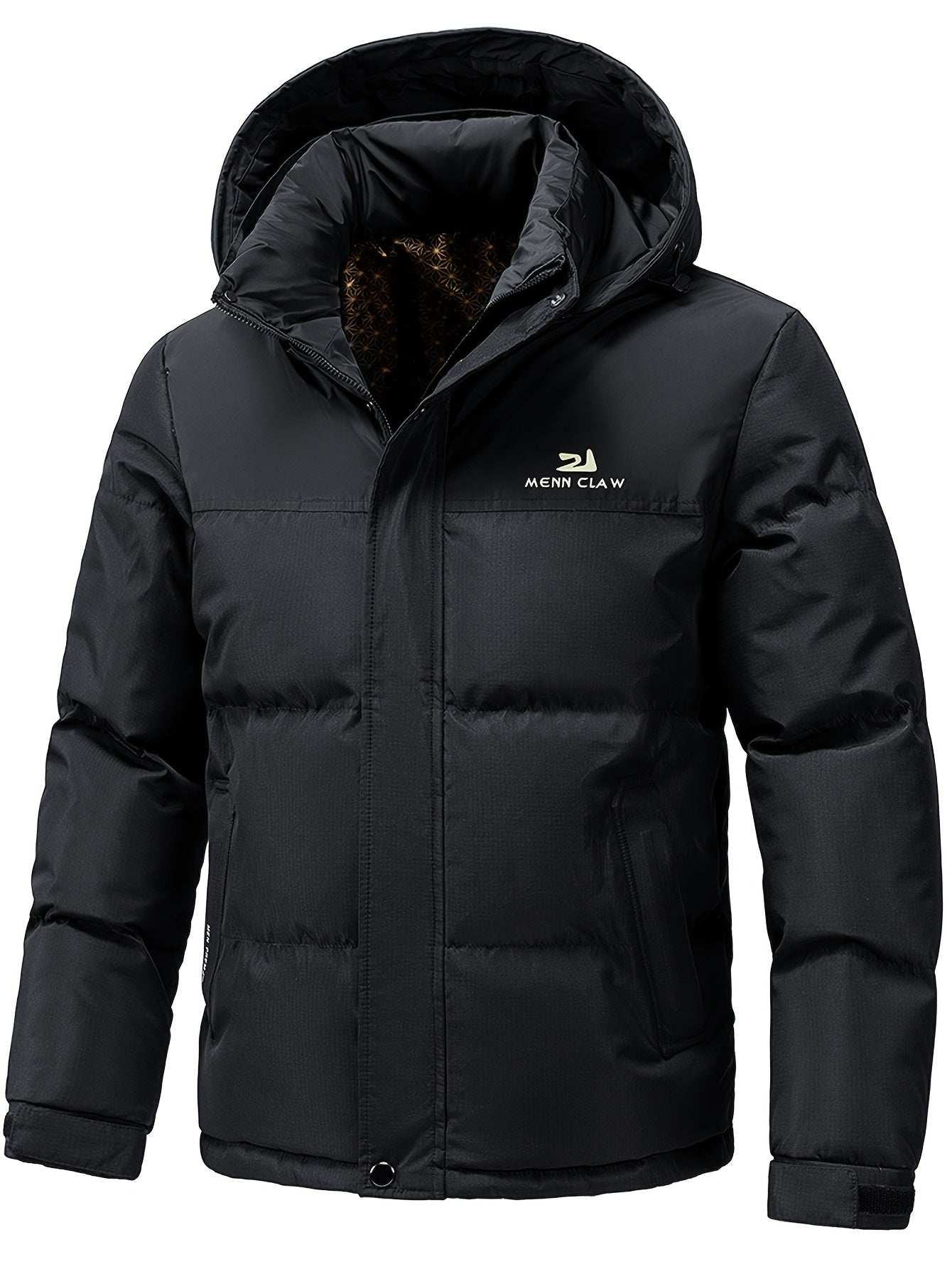 Men's Winter Jacket 100% Polyester Windproof Thermal Insulated Hooded with Detachable Hood, College Style Letter Pattern Zipper Front, Regular Fit for Skiing Outdoor Activities & Daily Wear