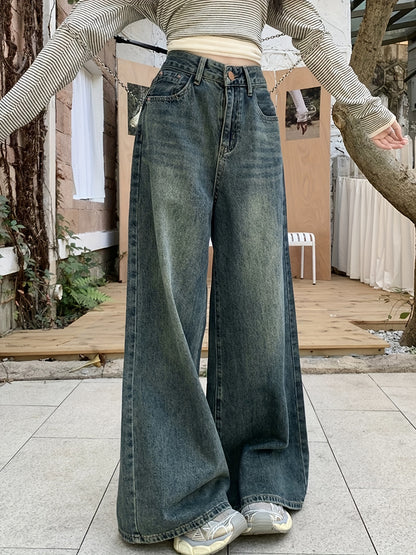 1pc XNVJEVGY Women'S High-Waisted Wide Leg Denim Jeans, Casual Style, Non-Stretch, Solid Color, Long Pants with Zipper Closure, Washed Finish, Suitable for All Seasons