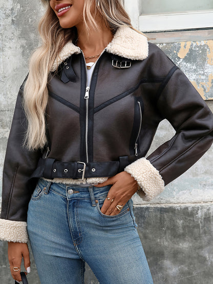 Կանացի աշուն/ձմեռ փողոցային ռետրո ոճի գոտիով, կայծակաճարմանդով, հաստ, կարճ արհեստական ​​գառան մորթուց վերարկու