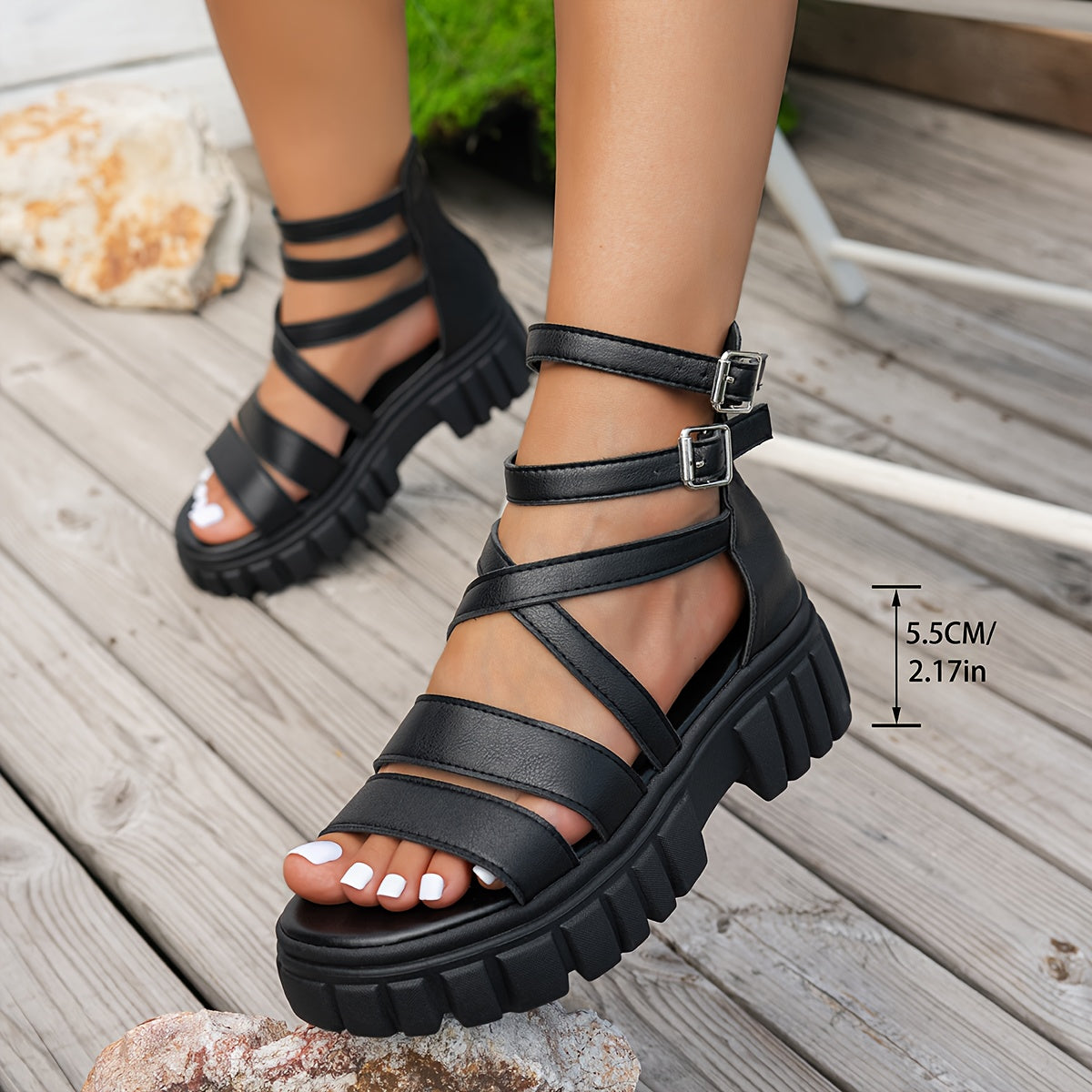 Plus Size Platform Sandals with Back Zipper and Cross Strap