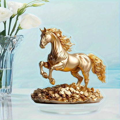 2D Flat, 1pc 2D Flat Acrylic Golden Horse Ornament - Elegant Desktop Decoration, Luxurious Golden Plating with Exquisite Mane Details and Coin Base, Suitable for Home, Office, Wedding, Christmas - Animal Theme Decor, No Assem