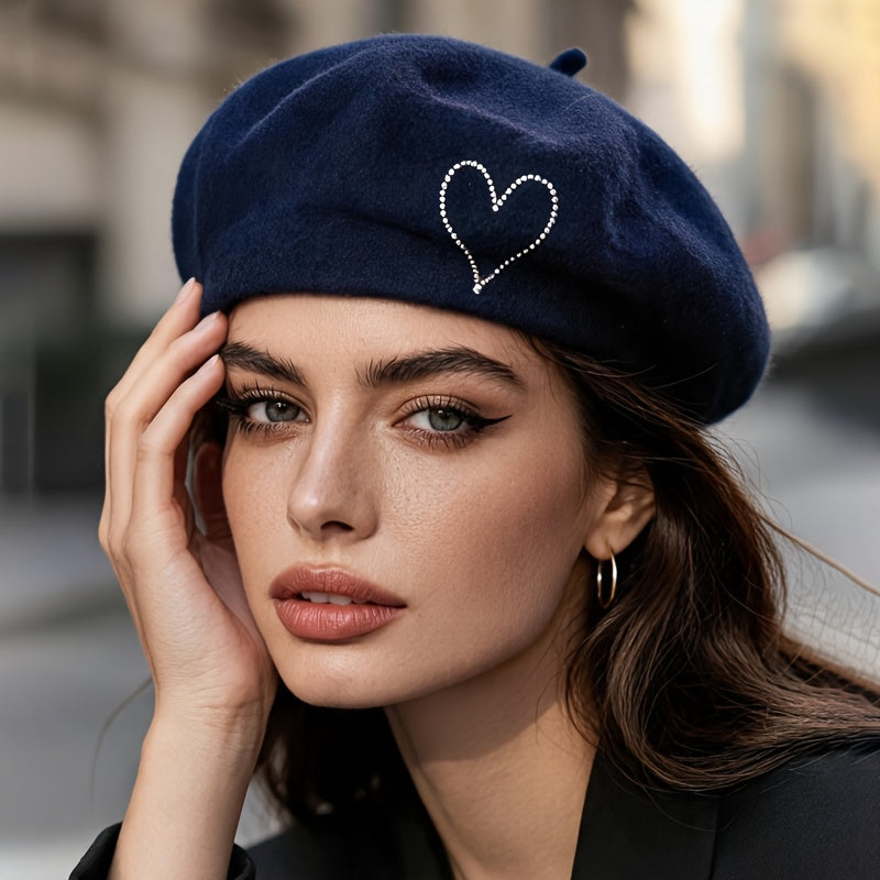 Women's Wool Beret Hat with Rhinestone Heart - Lightweight Warm