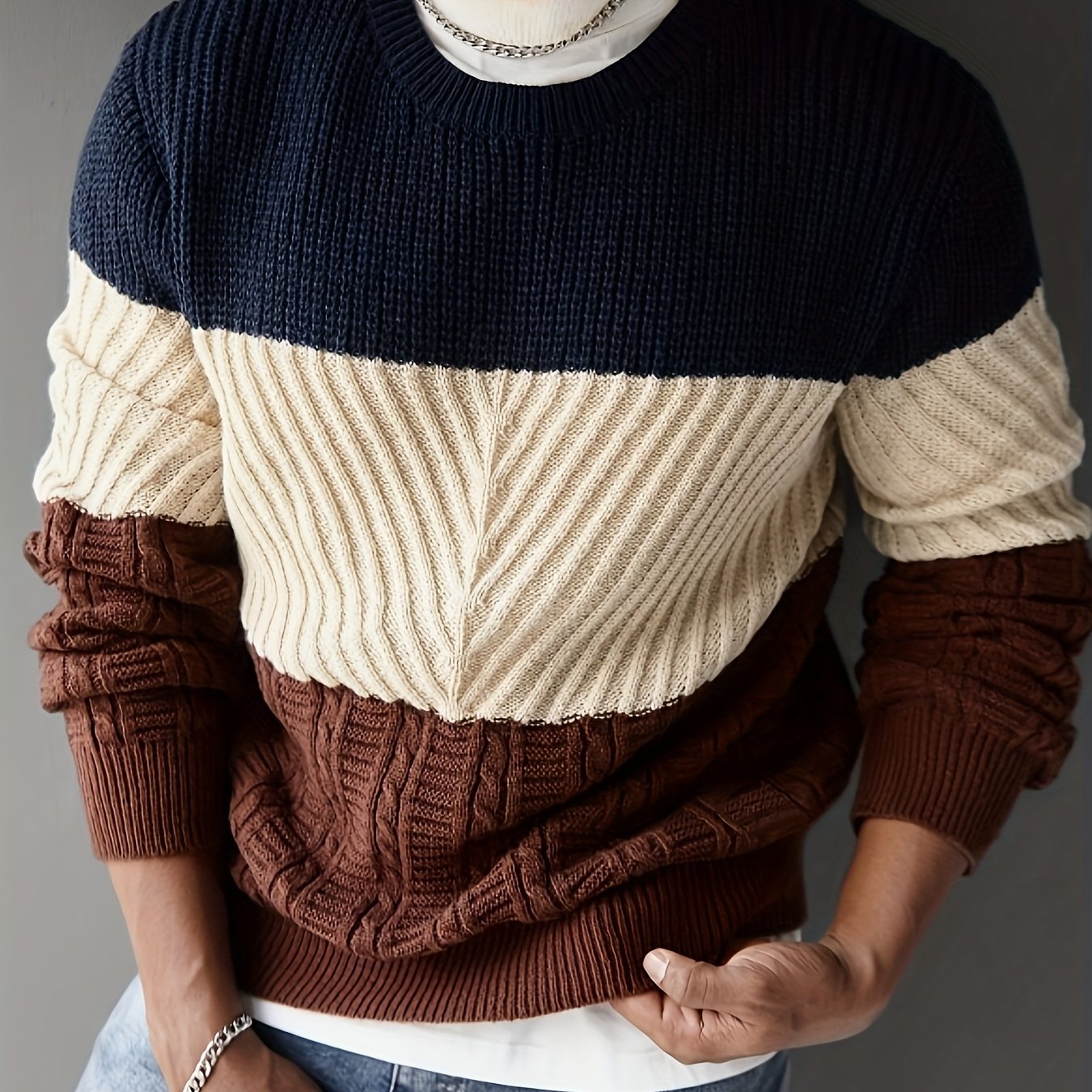 Տղամարդկանց աշնանային և ձմեռային նորաձև հագուստ, նորաձև առօրյա գունային բլոկներով տրիկոտաժե սվիտեր՝ բազմաֆունկցիոնալ կլոր վզով, երկար թևքերով դիզայնով