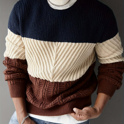 Տղամարդկանց աշնանային և ձմեռային նորաձև հագուստ, նորաձև առօրյա գունային բլոկներով տրիկոտաժե սվիտեր՝ բազմաֆունկցիոնալ կլոր վզով, երկար թևքերով դիզայնով