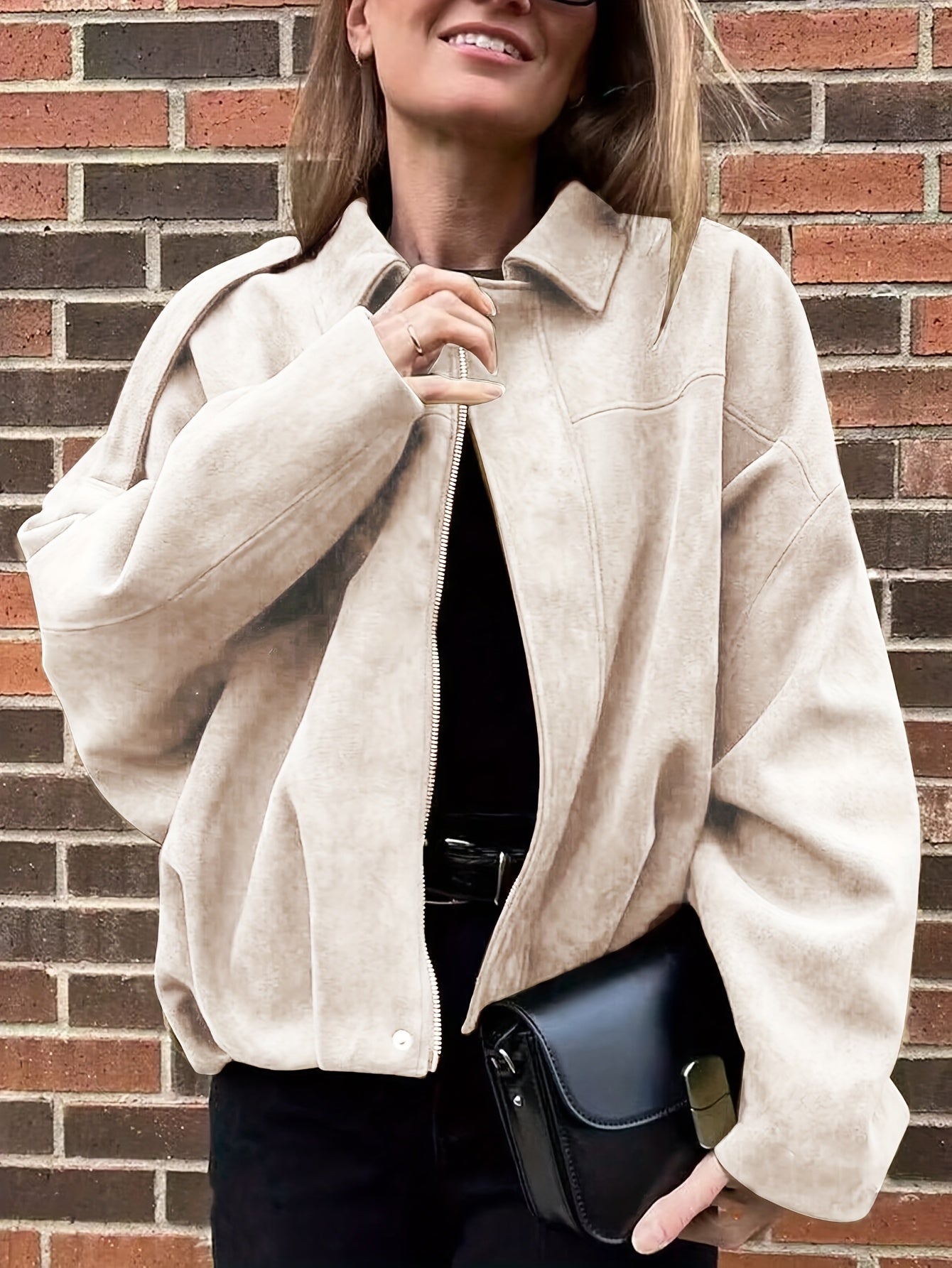 Կանացի վինտաժային բոմբեր բաճկոն - ազատ չափի երկար թևքով, կայծակաճարմանդով և իջեցված ուսերով, շագանակագույն առօրյա վերնազգեստ աշուն/ձմեռ համար, չձգվող գործվածք, իդեալական է առօրյա հագուստի համար, աշուն-ձմեռ բաճկոն | Վինտաժային բոմբեր ոճ | Zipp