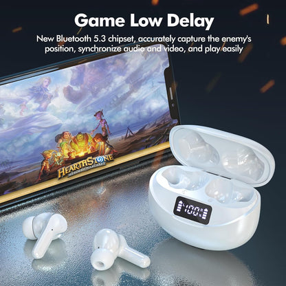 Wireless Earbuds Bluetooth Headphones 50H Playback Ear Buds with IPX7 Waterproof, HD Microphone, LED Display for Iphone and Andriod White