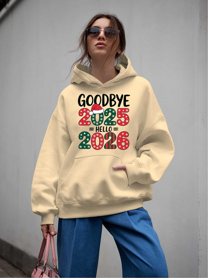 Women'S Hoodie - Goodbye 2025 Hello 2026 Sweatshirt with Christmas Countdown Design, Beige Pullover Hoodie, Front Pocket for Fall/Winter, Cozy Long Sleeve Sweater for New Year'S Eve & Everyday Winter Outfits - Perfect Gift fo