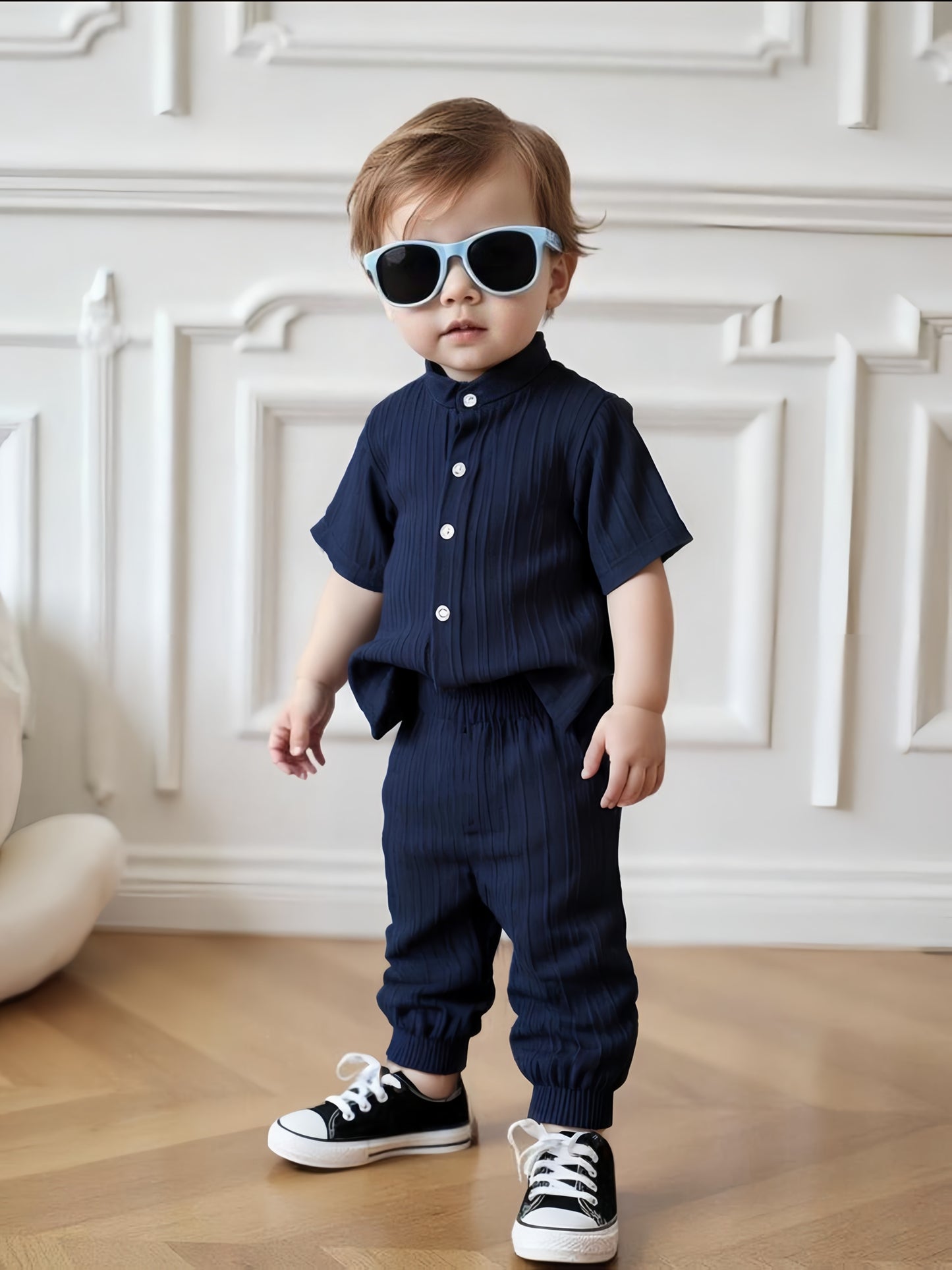 Boys' Navy Blue Plaid Casual Outfit Set for Spring Summer
