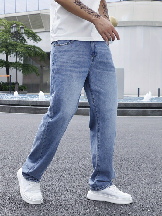 Men's Solid Loose Fit Denim Pants, Spring Fall Casual Trendy Cotton Jeans For Males