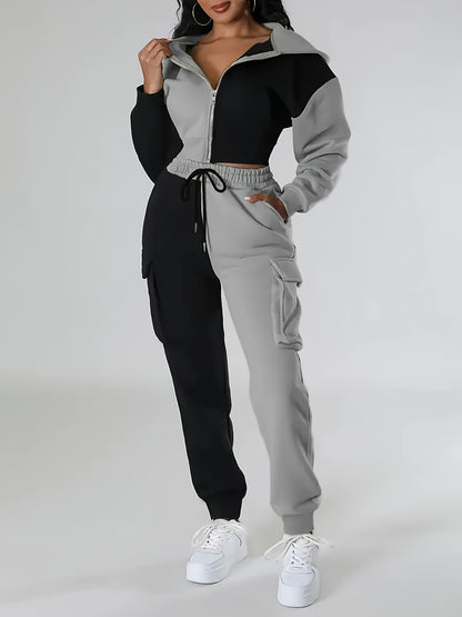 Women's Color-Block Hooded Casual Set for Fall Winter