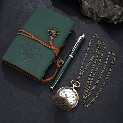 3pcs Men's classic retro style quartz pocket watch + pirate elements diary writing pen gift box set The best choice for holiday birthday gifts