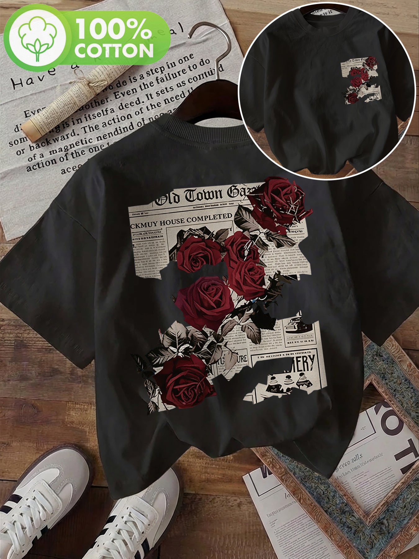 Women's Vintage Double-Sided Print Cotton T-Shirt, Casual Summer Top