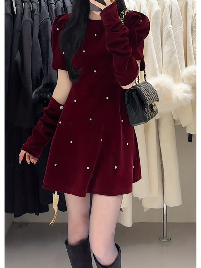 Women'S Elegant French Dress - Chic Office to Party Outfit, Back Zipper Closure, Flattering Fit for Fall/Winter, Everyday & Formal Events - Women'S Dresses for Women, Winter Fashion, Rhinestone Embellishment, Comfortable Fabr