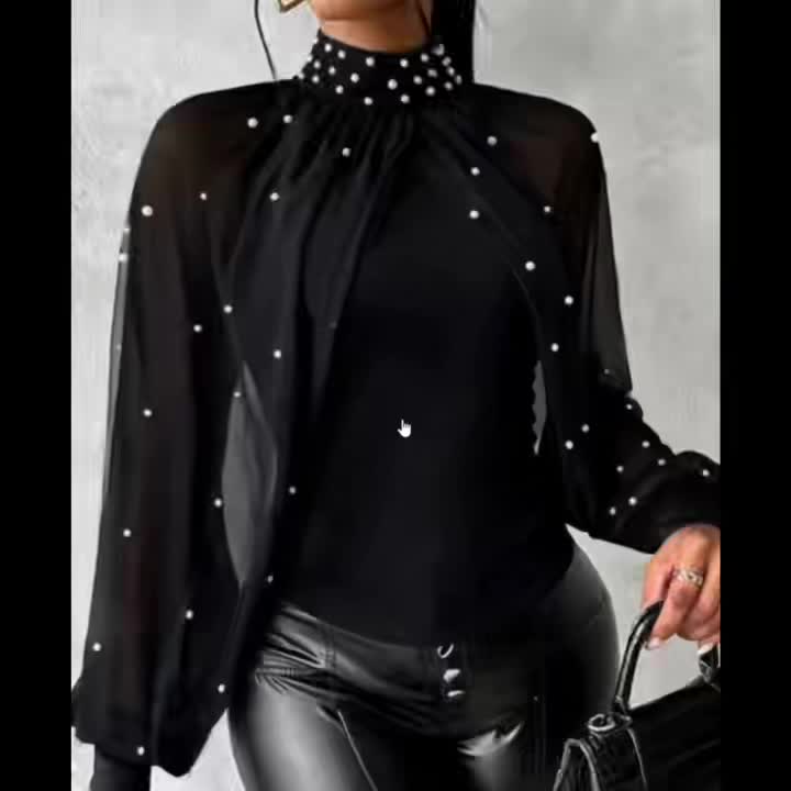 Women'S Elegant Off-Shoulder/One-Shoulder Tunic Top - Red/ - Long Sleeve Blouse with Pearl-like Beads - Formal & Everyday Chic Outfits - Spring/Fall, Fashion Lovers, Stylish Blouse, Quality Stitching, Sophisticated Design, Se