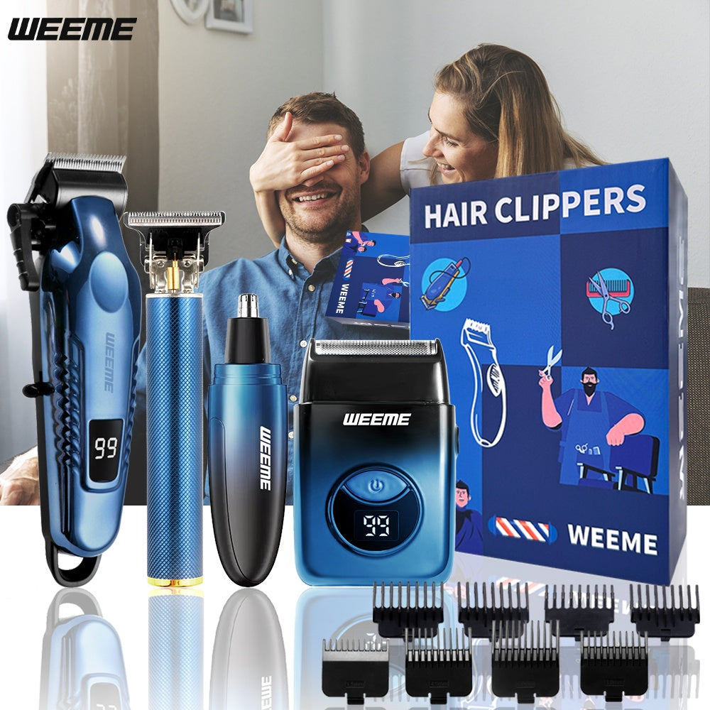WEEME 4pcs Men's Electric Hair Clipper Set, Beard Trimmer Set, Household Facial Cleansing Set. Hair Cutting, Shaving, Trimming of Nasal Hair, Trimming of Sideburns, Facial Hair Cleaning. USB Charging. for Household Use, Vehic