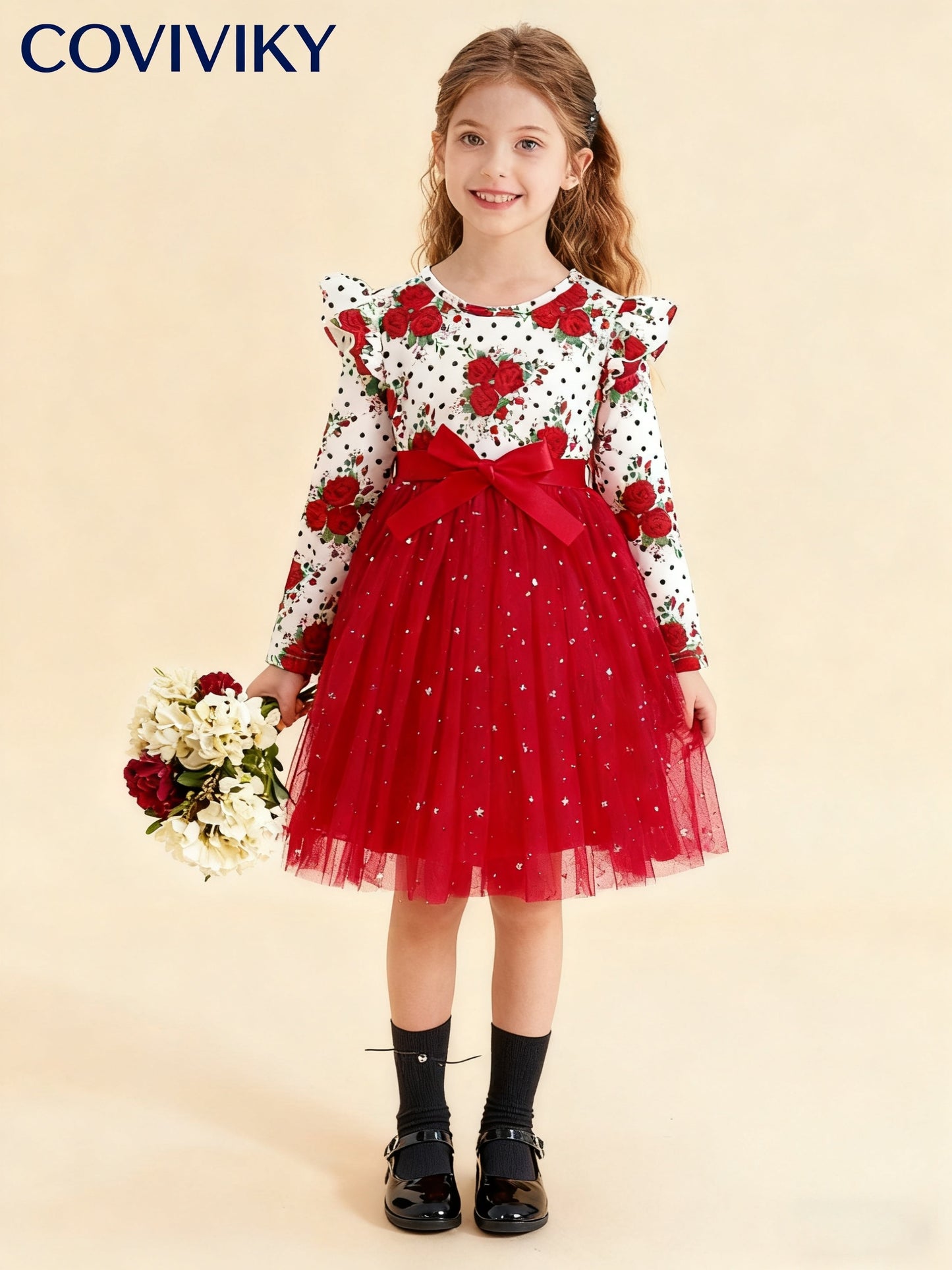 COVIVIKY Girls' Elegant Long Sleeve Party Dress with Puff Skirt & Sheer Panel - Knee-Length A-Line Wedding Prom Dress, Belted Waist Bow & Netting Trim, Hand Washable Winter Formal Gown for Girls (Age 4-12)