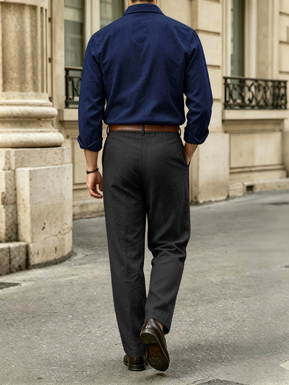 Men's Casual Linen Lapel Shirt & Buckle Pants Set for Spring/Fall