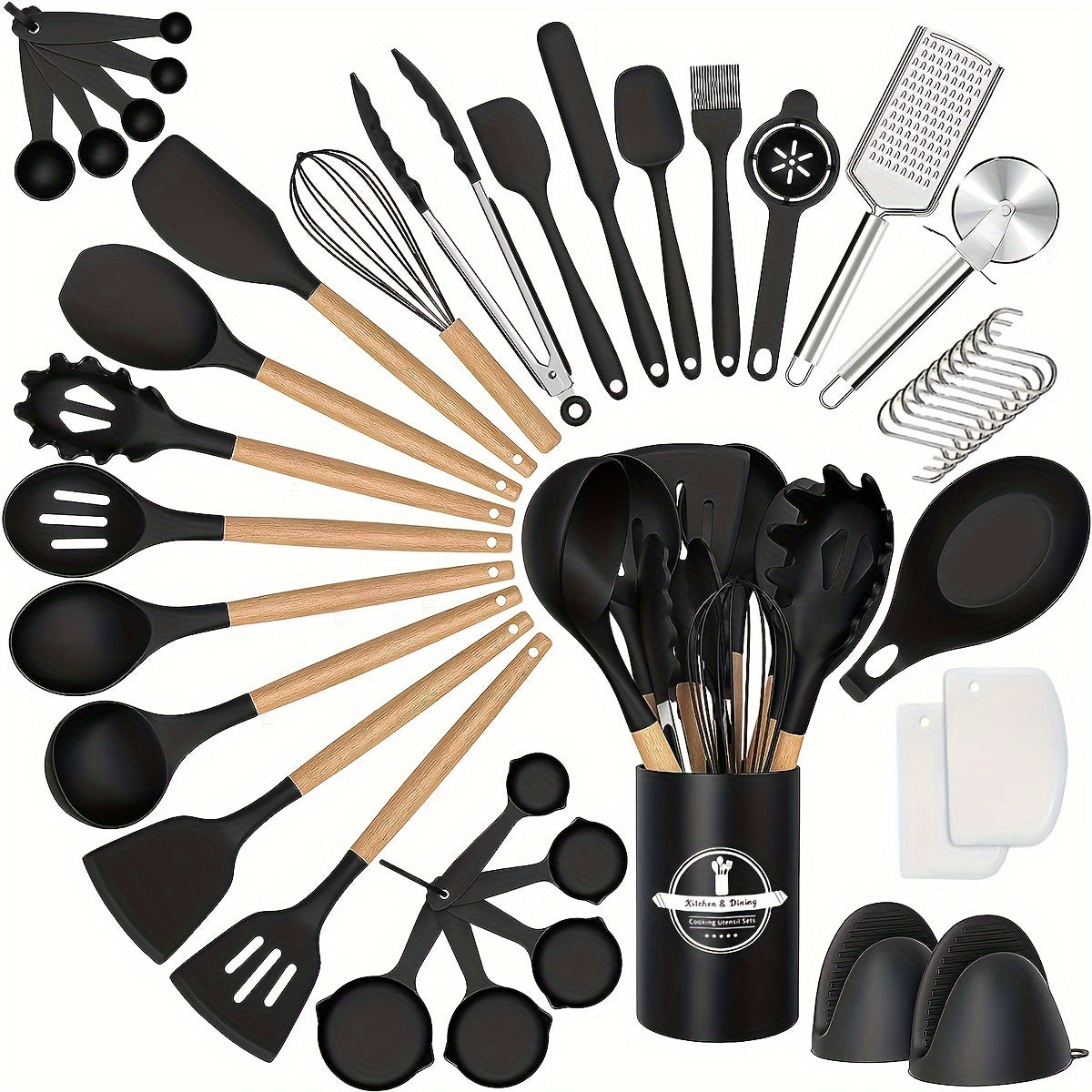 43pcs Non-Stick Cookware Storage Bucket with Wooden Handles, Silicone Kitchen Utensils, Easy-To-Clean Kitchen Tools, Spatula And Spoon Set.