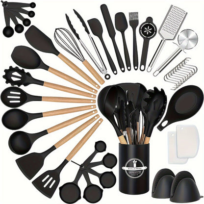 43pcs Non-Stick Cookware Storage Bucket with Wooden Handles, Silicone Kitchen Utensils, Easy-To-Clean Kitchen Tools, Spatula And Spoon Set.
