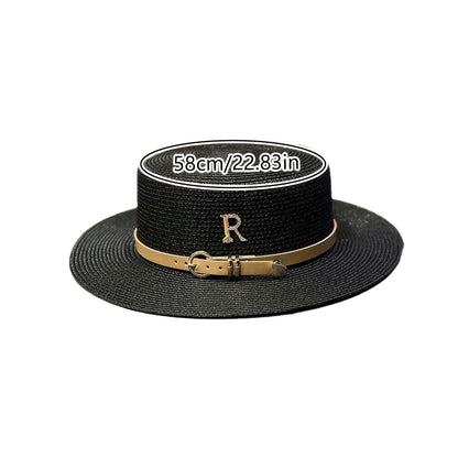Women's Summer Straw Sun Hat with French Belt - Retro Beach Style