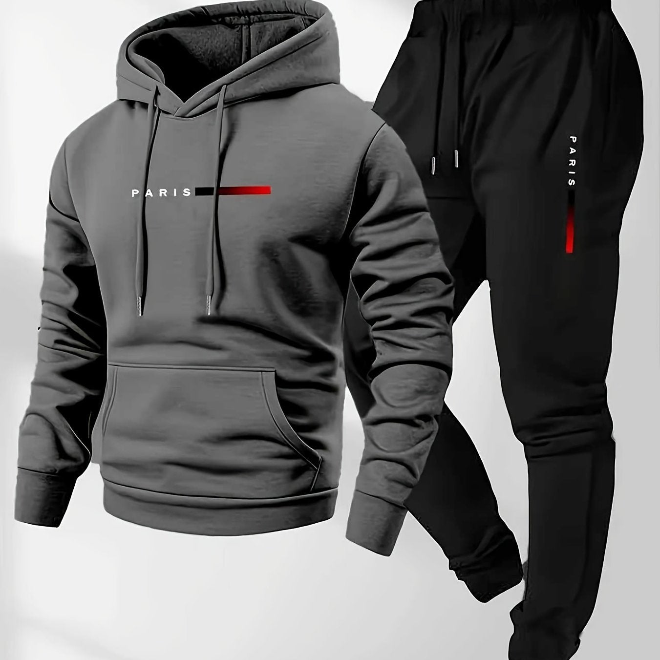 Halloween Men'S Hoodie with PARIS Lettering And Drawstring Sweatpants Set, a Must-Have Outfit for Autumn And Winter, Perfect for Everyday Outdoor Wear - ayq