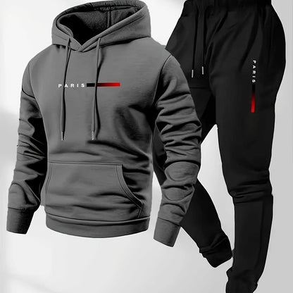 Halloween Men'S Hoodie with PARIS Lettering And Drawstring Sweatpants Set, a Must-Have Outfit for Autumn And Winter, Perfect for Everyday Outdoor Wear - ayq