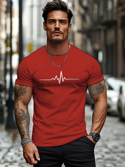 Men'S Brown T-Shirt with ECG Heartbeat Graphic - Casual Streetwear, Short Sleeve, Round Neck, Stretch Fabric, All-Season Comfort, Casual Streetwear Tee   Round Neck Tshirt   Comfortable Fit