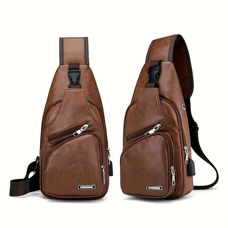 2025 New Men'S Fashion Chest Bag - Soft Faux Leather Anti-Theft Crossbody Bag with Multiple Compartments, Adjustable Strap  Zipper Closure for Gym, Travel, Casual Outings (Brown), Secure Travel Pouch, Textured Finish