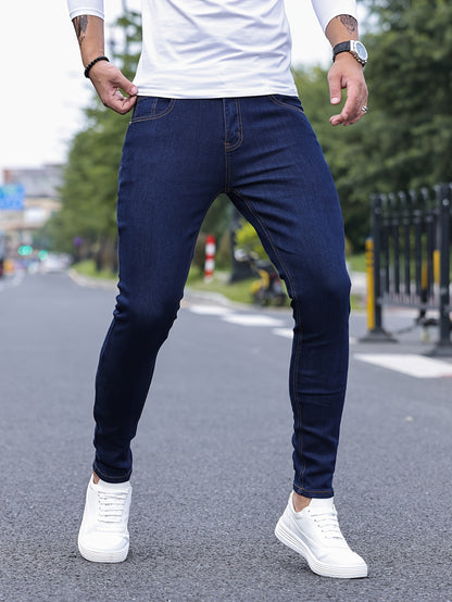 Slim Fit Chic Jeans, Men's Casual Street Style All Match Stretch Denim Pants With Pockets