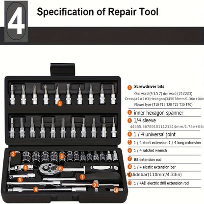 46pcs Heavy-duty Carbon Steel Auto Repair Tool Set | Includes Ratchet Wrenches, Sockets, Shockproof Toolbox, and Additions - Ideal for Projects and Auto Maintenance