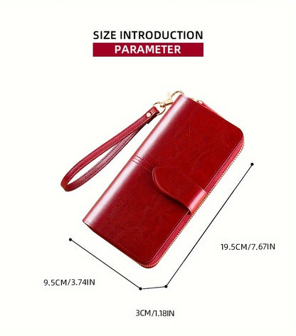 Two-Layer Cowhide Leather Clutch Wallet for Men & Women, Casual Large Capacity RFID Blocking Zippered Hand Purse with Transparent ID Slot and Anti-Theft Brush, Versatile for Going Out