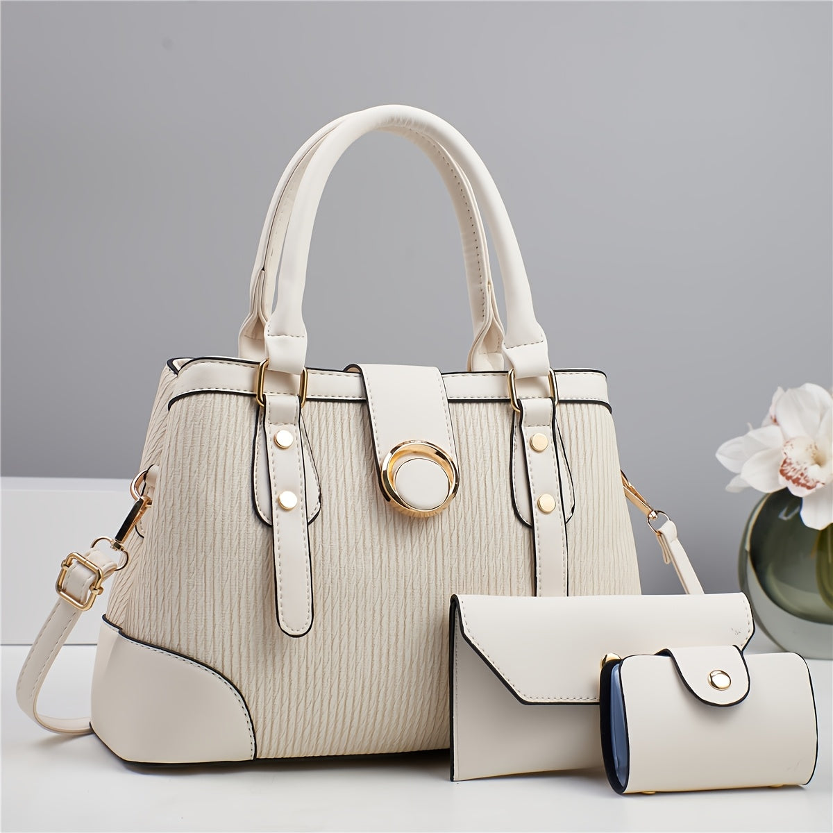 Women's 3-Piece Striped PU Handbag Set with Detachable Strap
