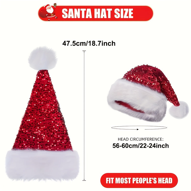 Christmas Sequin Santa Hat - Double Layer Shimmery Polyester Beanie Cap with Plush Trim, Inelastic, Handwash Only, Knitted Craftsmanship, No Feathers, Festive Holiday Headwear for Adults
